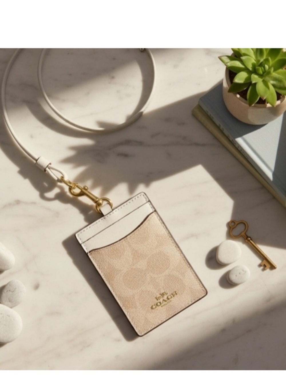 NWT coach signature C coated canvas & leather lanyard cream/tan